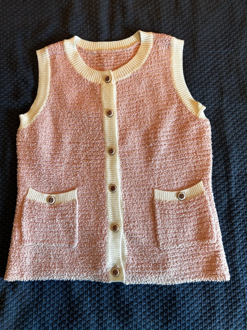 Pink Bouclé Sleeveless Button-Front Vest with Cream Trim